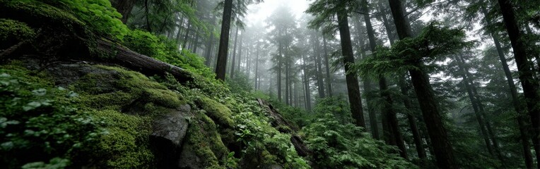 Lush forest covered in mist showcases nature's beauty