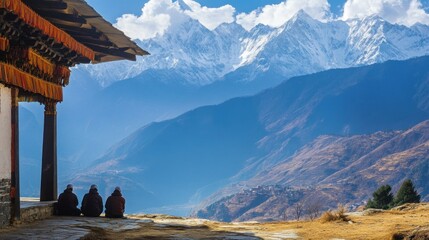 Monks contemplating the majestic himalayan mountains in serene landscape