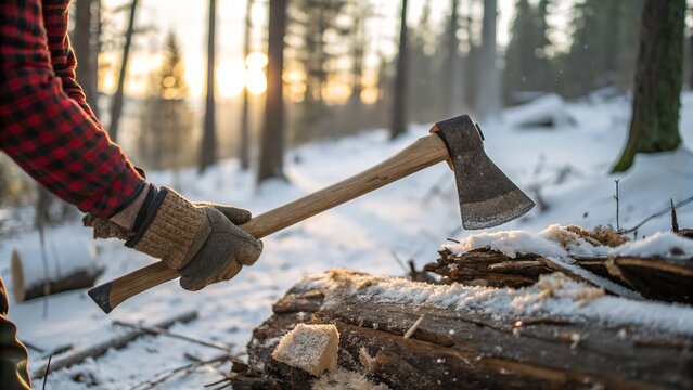 A lumberjack wearing gloves is chopping wood with an axe in a snowy, winter forest.