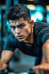 focused young hispanic man intensely exercising in gym wearing black t-shirt. fitness and determination concept. sports, health lifestyle, motivation poster design, workout and physical training