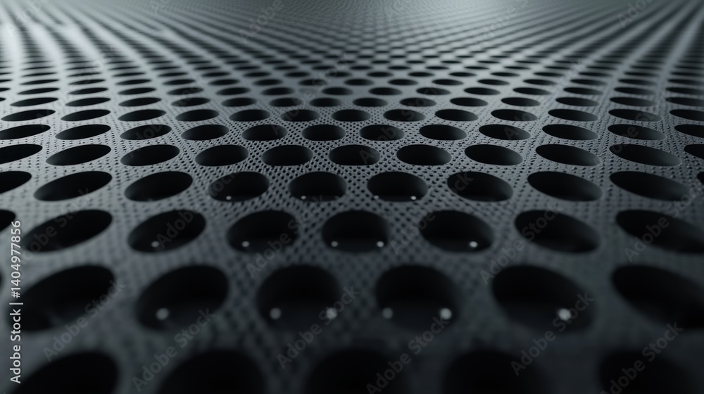 Poster a close-up view of a textured metal surface with a repeating pattern of circular holes.