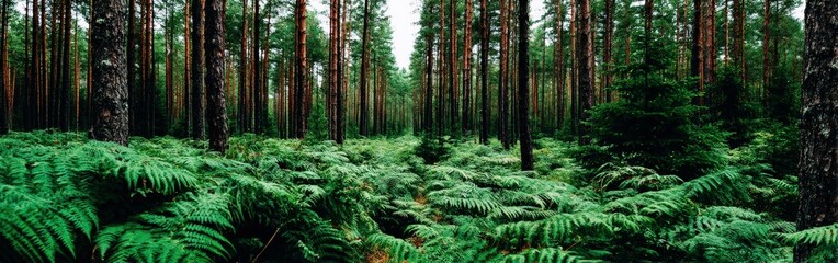 Lush green forest with tall trees and ferns