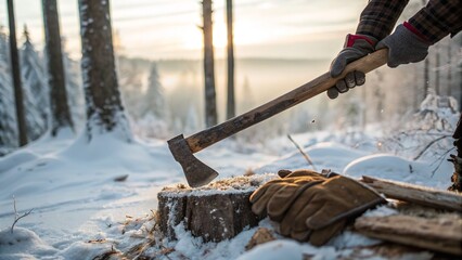 A lumberjack swinging an axe on a snowy winter day in a forest setting, showcasing his skill.