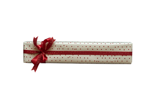A gift-wrapping paper, with a red ribbon across the top and bott