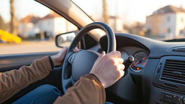 A driving practice image focusing on steering techniques and clear visibility.