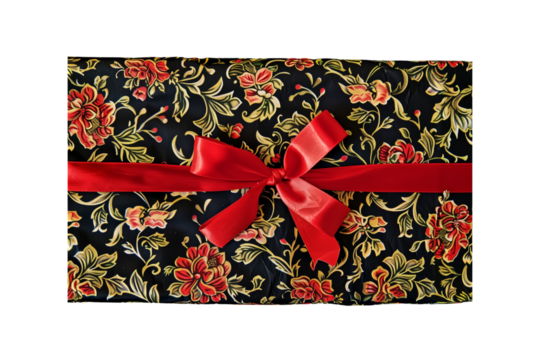 A gift-wrapping paper, with a red ribbon across the top and bott