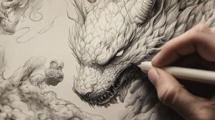 Detailed grayscale pencil sketch of a mythical dragon head, close-up view of artist's hand holding a stylus over the artwork.
