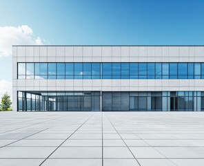 Fototapeta premium Modern Office Building Exterior with Glass Windows and Open Space