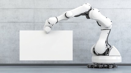 a white Industrial Robotic Arm picking up an white board in front of a light grey cement wall background, 