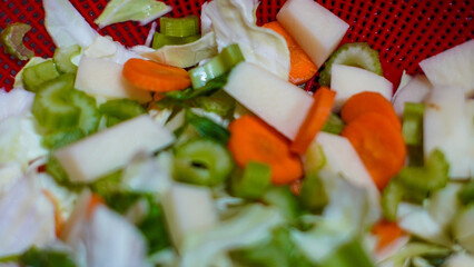 Fresh vegetable salad with tomato, cucumber, and lettuce on a plate, some grilled vegetables on the side make a healthy meal