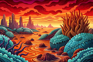 Wallpaper view of alien sea with beach, abstraction, mysterious land of the galaxy under a strange colored sky sunset, game banner