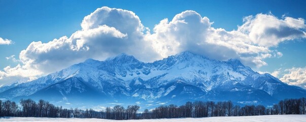 Snowy Mountains Landscape with Clouds and Trees in Winter Scenery