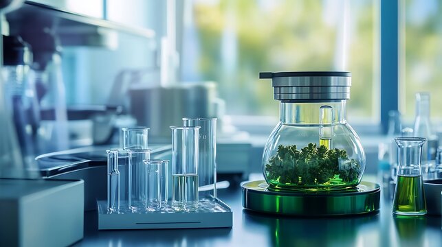 Clear Beakers and Round Bottom Flask with Green Substance on a Shiny Surface
