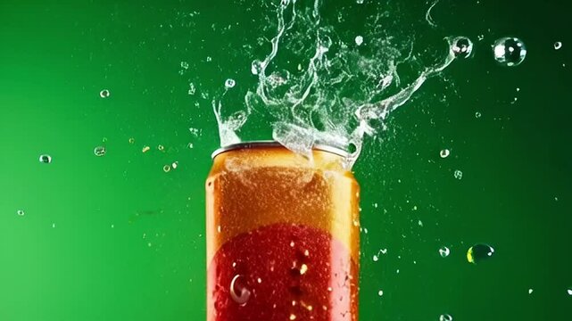 Liquid Splashing from Beverage Can in Slow Motion Refreshment