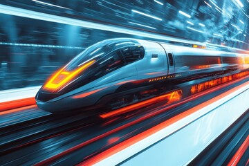 Futuristic High Speed Train Blazing Through Cityscape at Night