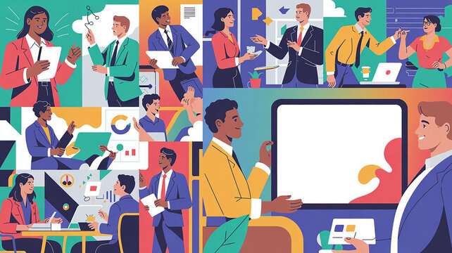 A vibrant collage showcasing diverse business professionals engaged in various collaborative tasks in a modern office environment.