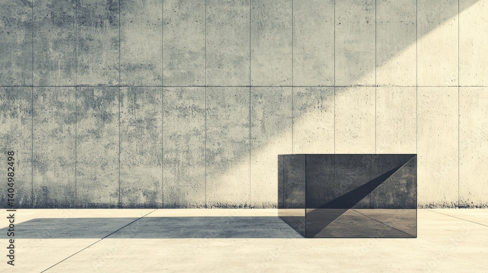 Poster a black cube with a triangular prism on top sits on a concrete floor, casting a shadow on the wall b