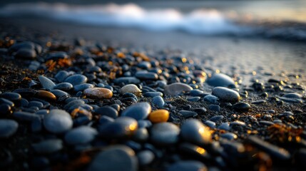 Obraz premium Pebbles glisten on the shore during sunset