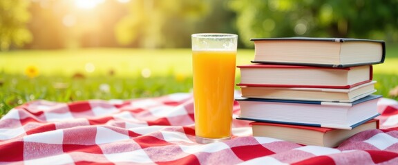 Summer vacation essentials with books and refreshing juice on grass  