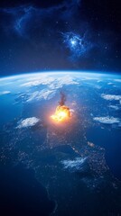 Earth View with Nuclear Explosion From Space and Galaxy Background
