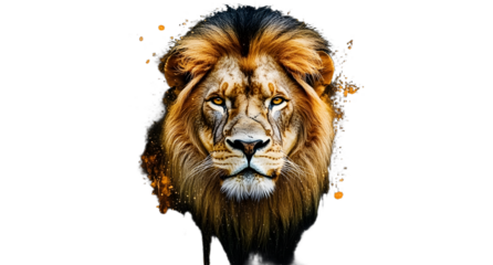 Majestic lion portrait with a splash art style. The digital painting of the animal head is set against a dark backdrop, showcasing vibrant colors and artistic flair.