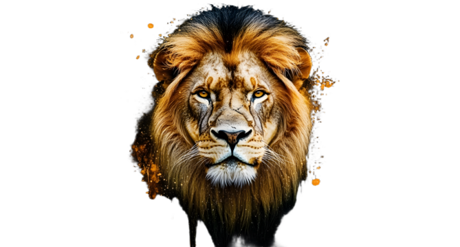 Majestic lion portrait with a splash art style. The digital painting of the animal head is set against a dark backdrop, showcasing vibrant colors and artistic flair.