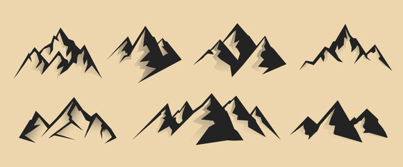 Fototapeta premium Set of mountain shapes in vintage textured style. Ideal for adventure logos, hiking themes or outdoor design. Mountain icons set in vintage retro style. Vector illustration