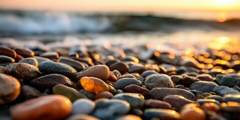 Obraz premium Colorful pebbles glistening by the ocean at sunset