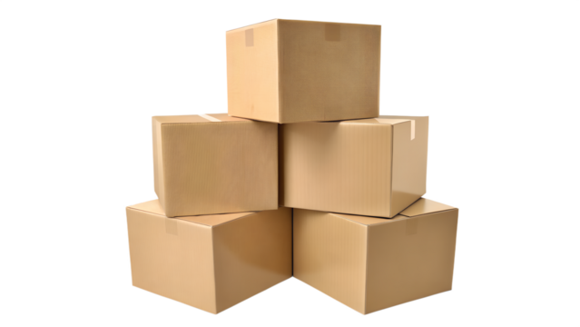 Five cardboard boxes stacked neatly.  Shipping, storage, moving concept.