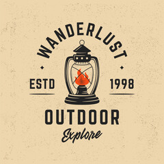 Wanderlust logo with vintage lantern and flame in retro style. Ideal for camping, travel, hiking and outdoor adventure branding. Outdoor lantern logo in vintage retro style. Vector illustration