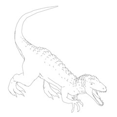 A large white drawing of a dinosaur with its mouth open. The dinosaur is depicted as a predator, ready to attack. The drawing is in black and white, giving it a dramatic and intense feel