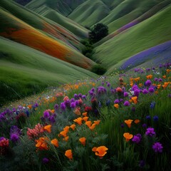 Obraz premium Vibrant wildflowers bloom across rolling green hills