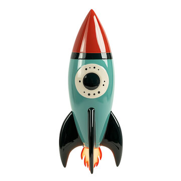 Png of A vibrant retro-style rocket toy in teal and red, ready for imaginative adventures with bright flames at the base.