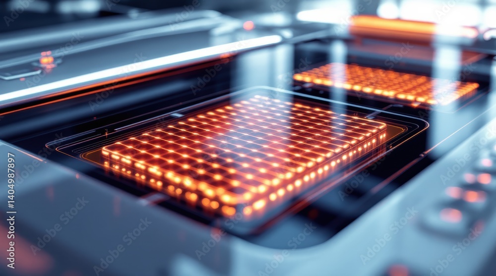 Poster high-tech machinery with intricate glowing patterns, showcasing advanced technology in a modern work