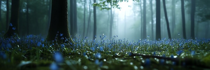 Dew-covered bluebells glow in a mystical forest, bathed in soft ethereal light. A dreamy fantasy atmosphere with soft focus, perfect for dreamcore and fairy tale visuals. Enchanted and surreal.