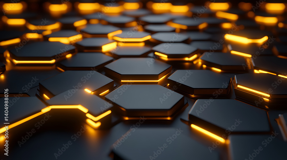 Poster abstract dark gray hexagons with glowing orange edges in a pattern