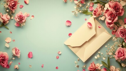 pink rose and blank card on wooden background