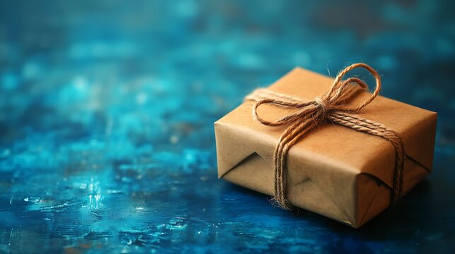 Small Brown Box Tied with Jute String on Decorative Blue Textured Surface