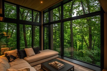 A modern treehouse with large windows overlooking a dense forest, offering a serene retreat in the heart of nature