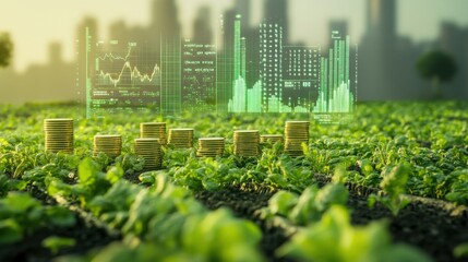 A futuristic digital farm with holographic financial graphs, investment charts, 