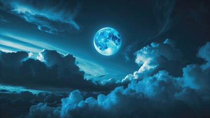 Fototapeta premium Moonlit night with clouds. Blue hue.