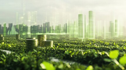 A futuristic digital farm with holographic financial graphs, investment charts, 