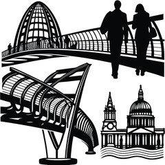 Black and White Vector Art: Millennium Bridge, St. Paul's Cathedral, and People Walking in London, England - Architecture Illustration