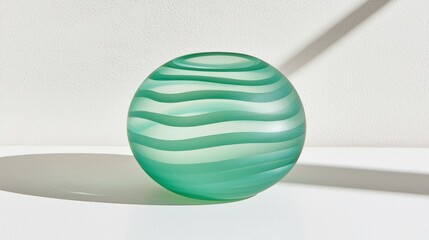 A green glass vase with a wavy pattern sits on a white surface.