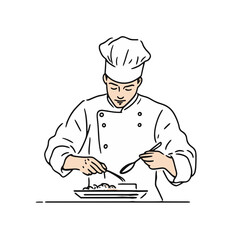 Focused chef garnishing food on white surface