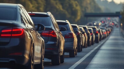 Heavy traffic congestion on a highway, with a long line of cars and illuminated taillights stretching into the distance