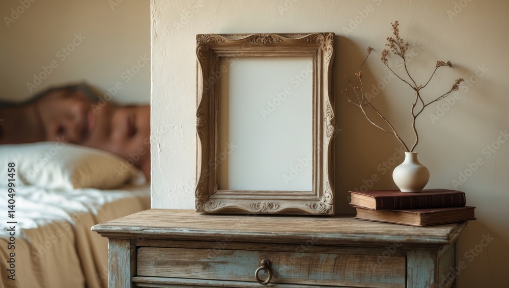 Poster portrait frame display on a wooden table and bench. tiny ceramic vase with dried foliage resting on 