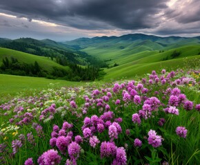 Obraz premium Vibrant wildflowers bloom in lush green hills