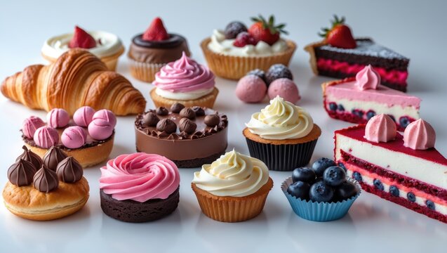 Assorted collection of desserts and sweets featuring croissant, donut, cupcake, choco balls, cake, pie, blueberry tart, and red velvet cake. Bakery confections on a white background.