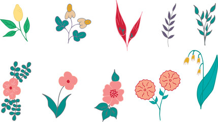 a set of flowers and leaves on a white background, flowers and leaves vector set